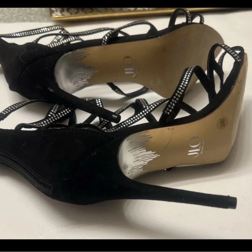 Elegant Black JLO Black And Rhinestone Strappy Heels. Size 10 Strappy Heels - Picture 5 of 6